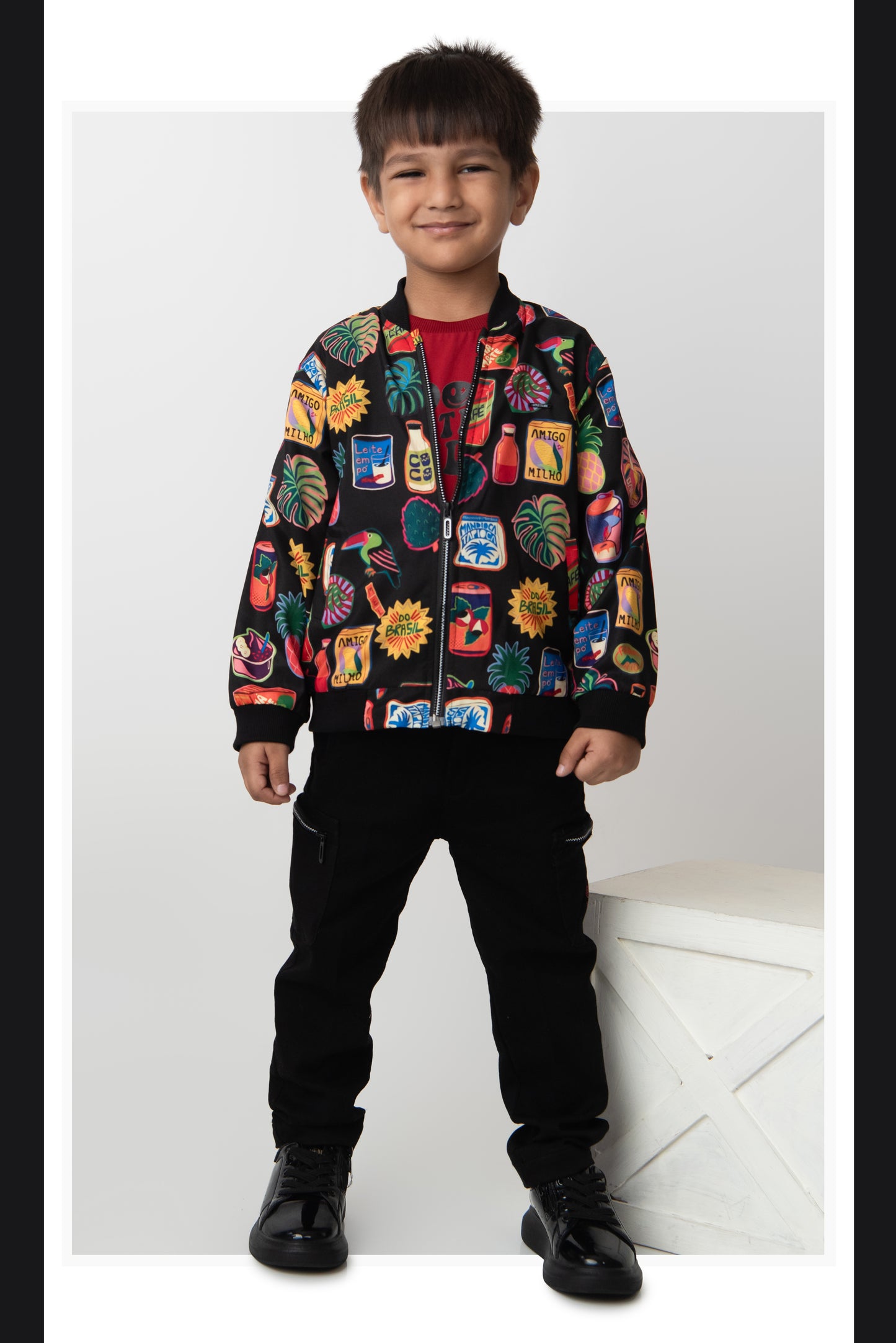 Blended Quirky Graphic Printed Woven Full Sleeves Zippered Sweat Jacket with Printed T-shirt and Pants Casual Set-Black