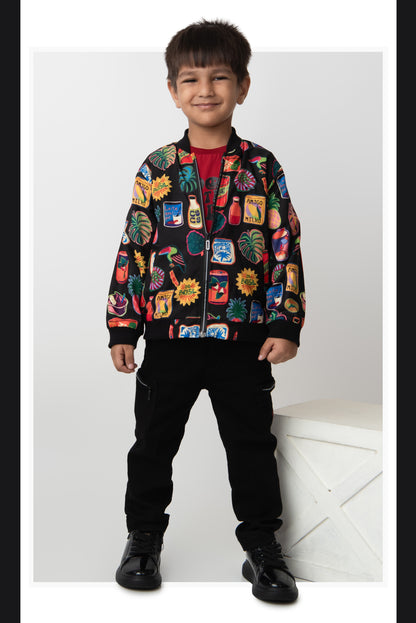 Blended Quirky Graphic Printed Woven Full Sleeves Zippered Sweat Jacket with Printed T-shirt and Pants Casual Set-Black