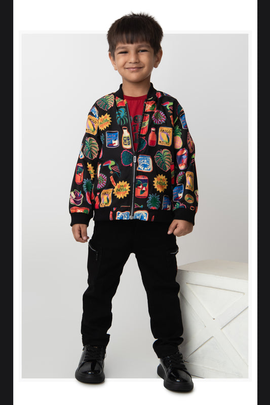 Blended Quirky Graphic Printed Woven Full Sleeves Zippered Sweat Jacket with Printed T-shirt and Pants Casual Set-Black