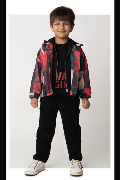 Blended Abstract Printed Knitted Quilted Full Sleeves Zippered Hooded Sweat Jacket with Printed T-shirt and Pants Casual Set-Black