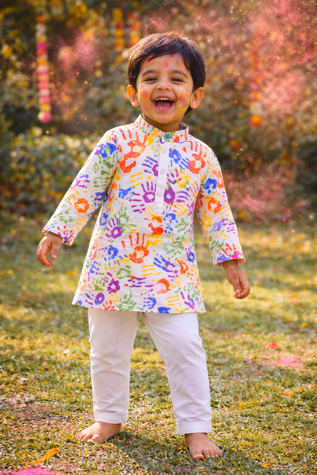 Boys Holi Hands Printed Multi Coloured Cotton Kurta and Pajama Ethnicwear Set