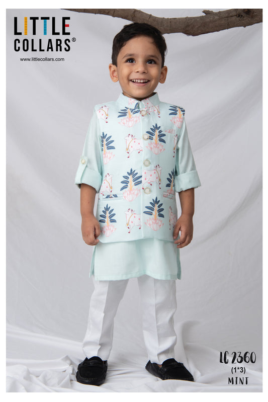 Blended Cotton Woven Full Sleeves Kurta Pajama with Pichwai Printed  Nehru Jacket Ethnic Set- Green