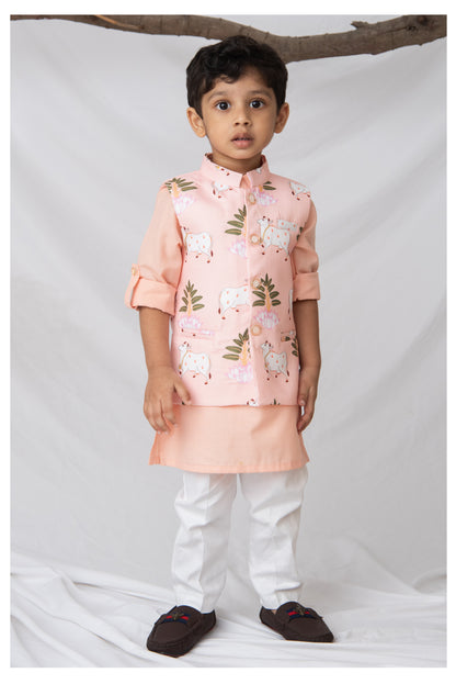 Blended Cotton Woven Full Sleeves Kurta Pajama with Pichwai Printed  Nehru Jacket Ethnic Set- D.Peach