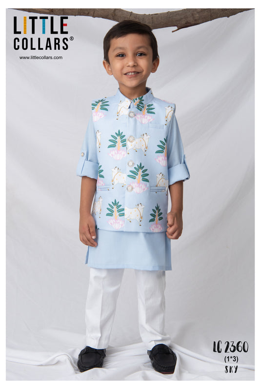 Blended Cotton Woven Full Sleeves Kurta Pajama with Pichwai Printed  Nehru Jacket Ethnic Set- Sky