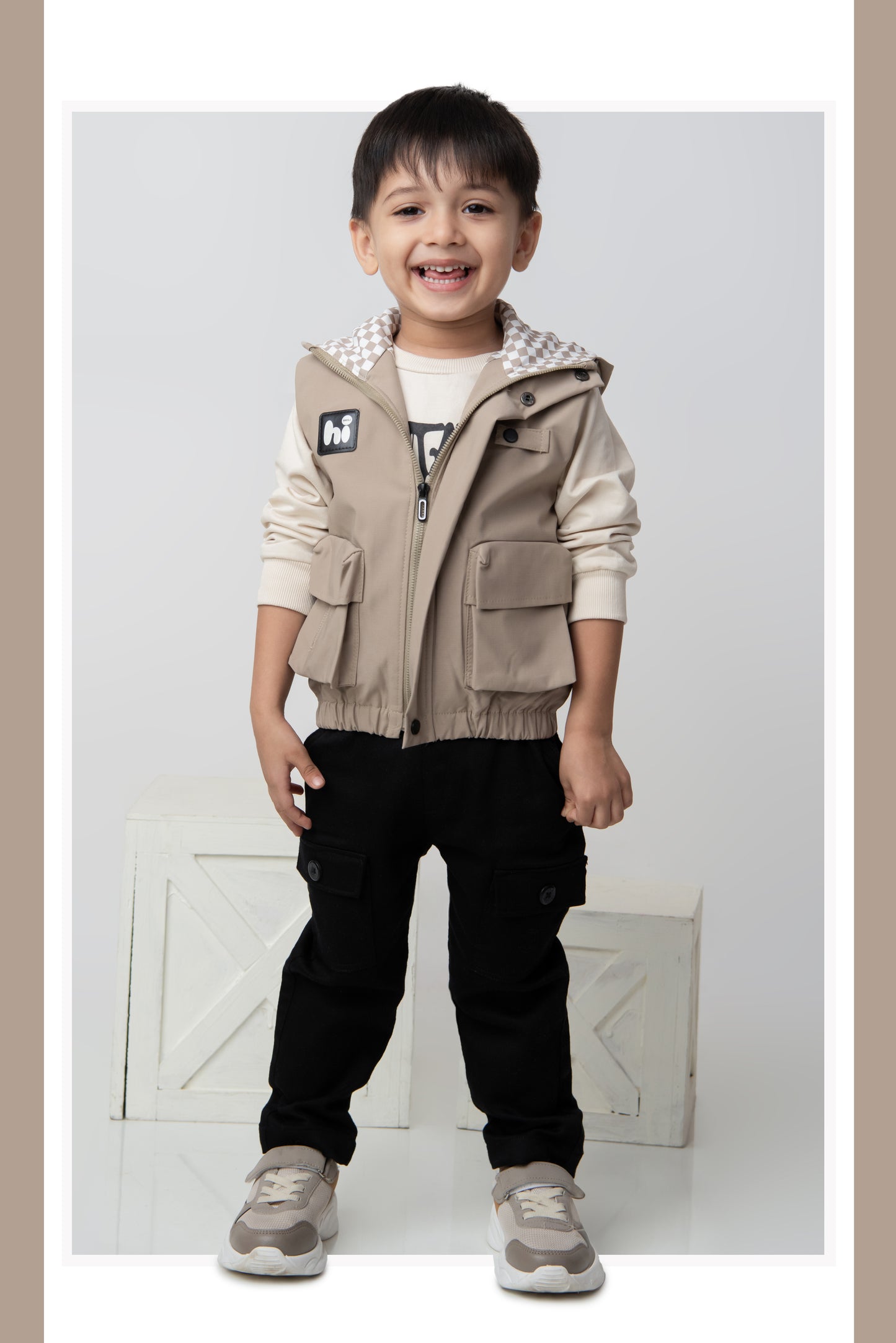 Blended Woven Technical Hooded Jacket Gilet with Utility Multi Pockets and Full Sleeves Tshirt and Trousers - Beige