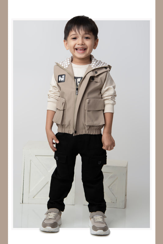 Blended Woven Technical Hooded Jacket Gilet with Utility Multi Pockets and Full Sleeves Tshirt and Trousers - Beige