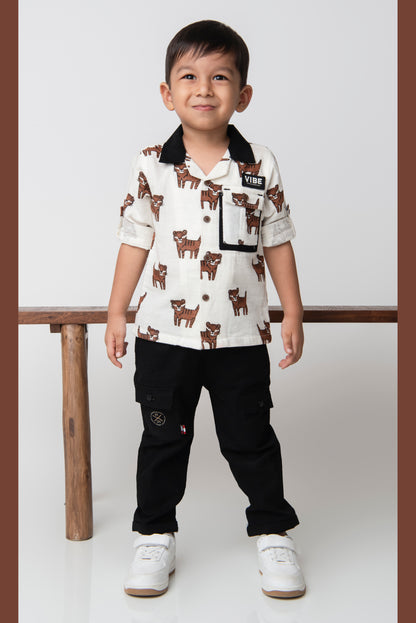 Organic Cotton All Over Lion Printed Woven Full Sleeves Cuban Collar Shacket with Denim Pants Casual Set- White