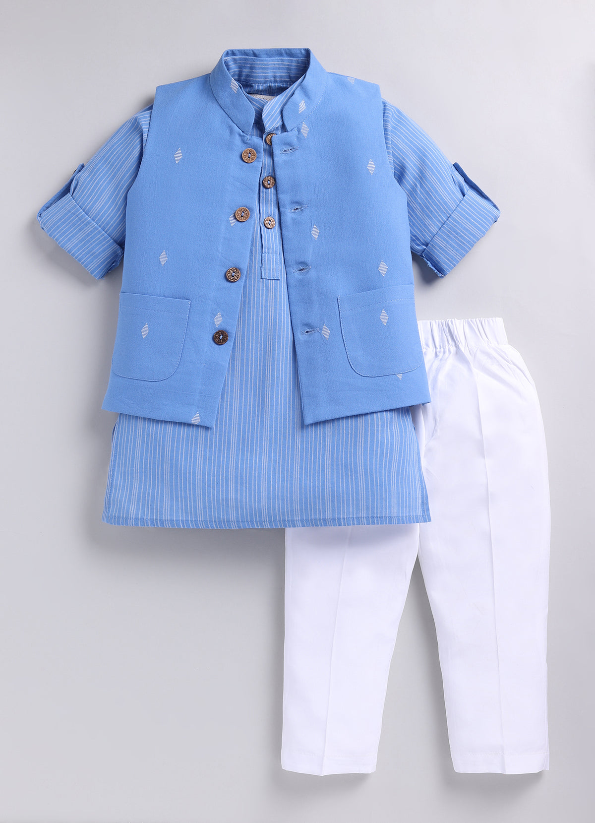 Boys Woven Nehru Jacket, Striped Kurta, Pajama Ethnic Set- Blue
