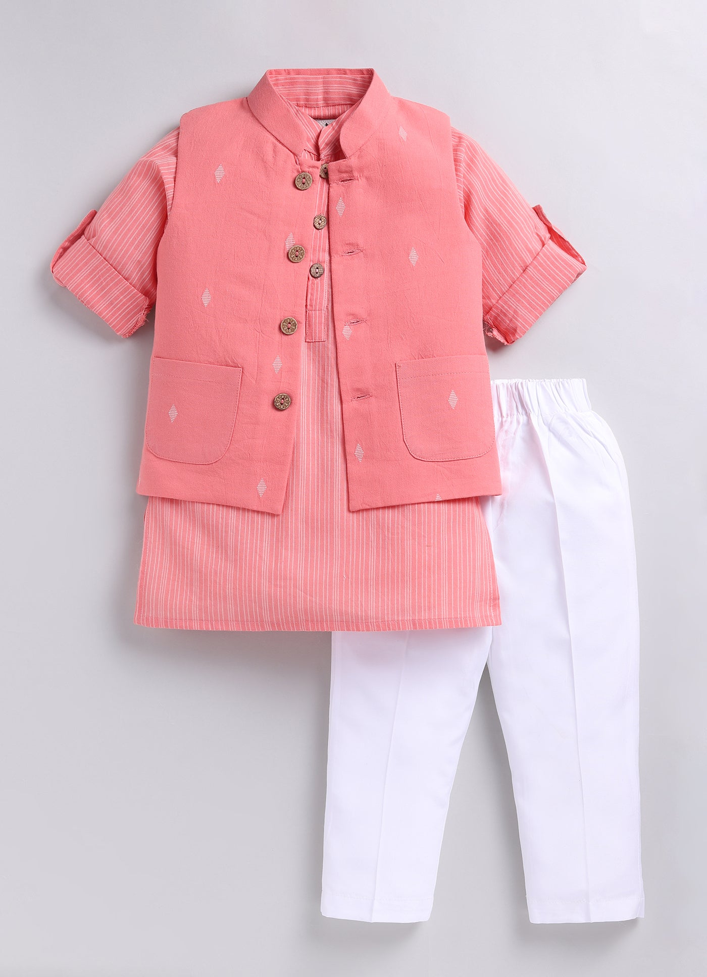 Boys Woven Nehru Jacket, Striped Kurta, Pajama Ethnic Set- PEACH