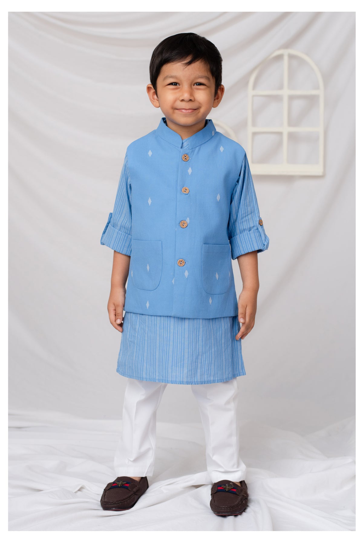 Boys Woven Nehru Jacket, Striped Kurta, Pajama Ethnic Set- Blue