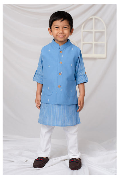 Boys Woven Nehru Jacket, Striped Kurta, Pajama Ethnic Set- Blue