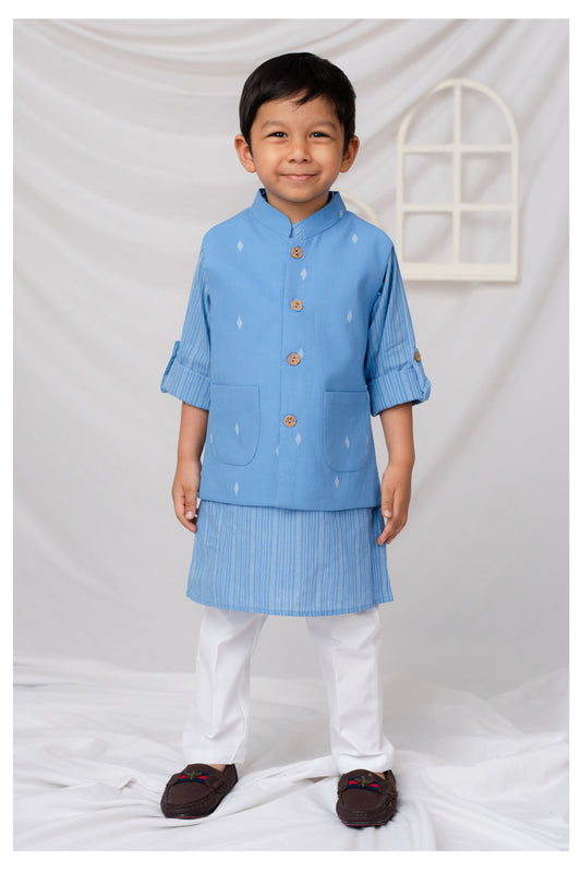 Boys Woven Nehru Jacket, Striped Kurta, Pajama Ethnic Set- Blue
