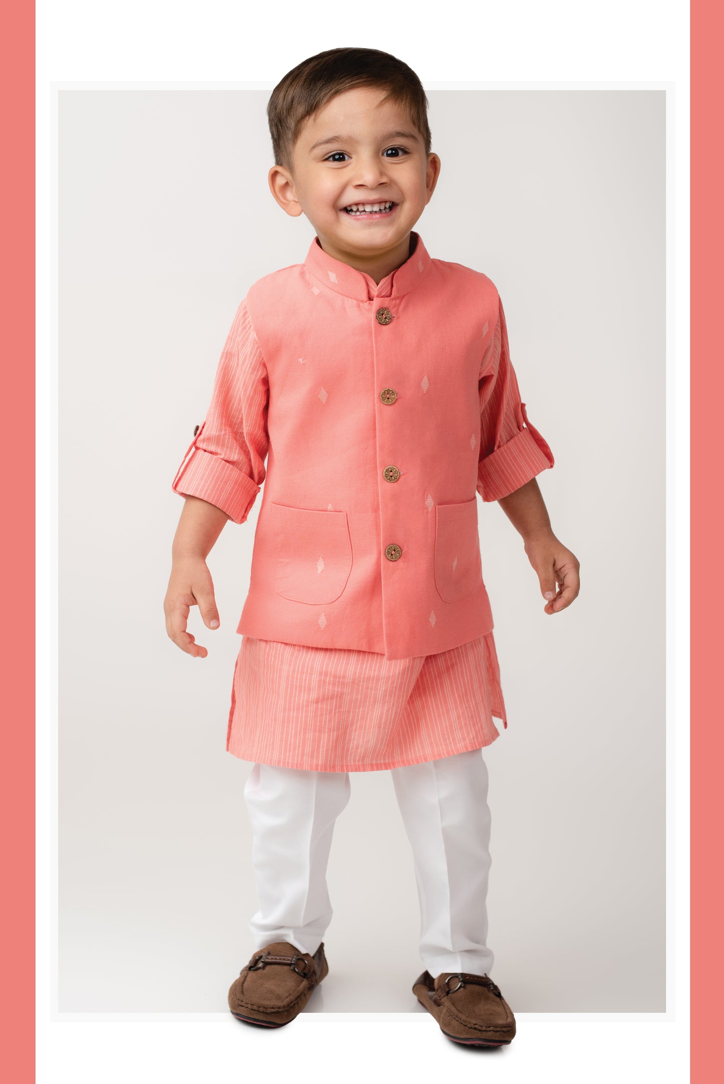 Boys Woven Nehru Jacket, Striped Kurta, Pajama Ethnic Set- PEACH