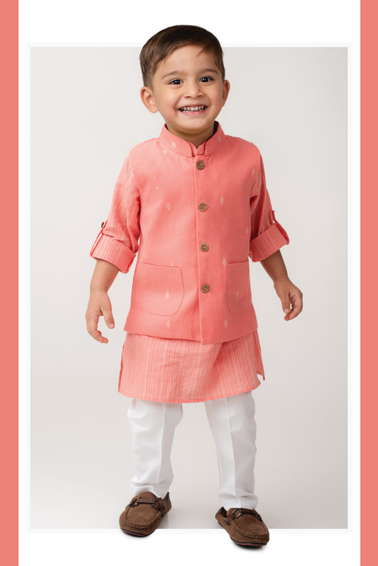 Boys Woven Nehru Jacket, Striped Kurta, Pajama Ethnic Set- PEACH