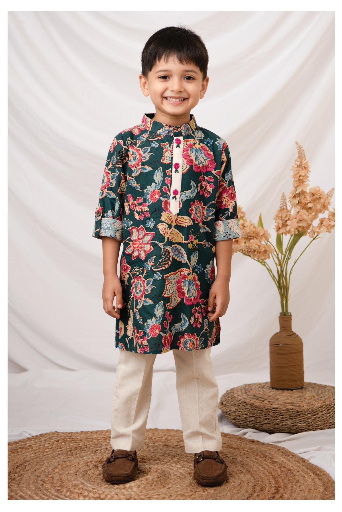 Boys Pure Cotton Woven Super Soft Jaipuri Floral Printed with Handwork detailing Full Sleeve Kurta and Pajama Ethnic Set - Green