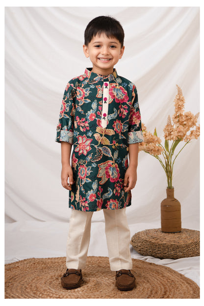 Boys Pure Cotton Woven Super Soft Jaipuri Floral Printed with Handwork detailing Full Sleeve Kurta and Pajama Ethnic Set - Green