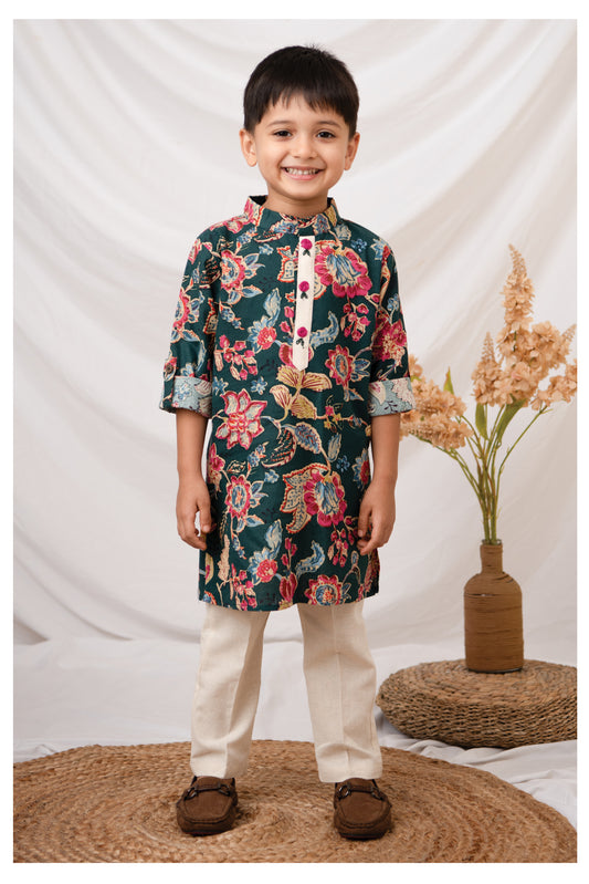 Boys Pure Cotton Woven Super Soft Jaipuri Floral Printed with Handwork detailing Full Sleeve Kurta and Pajama Ethnic Set - Green
