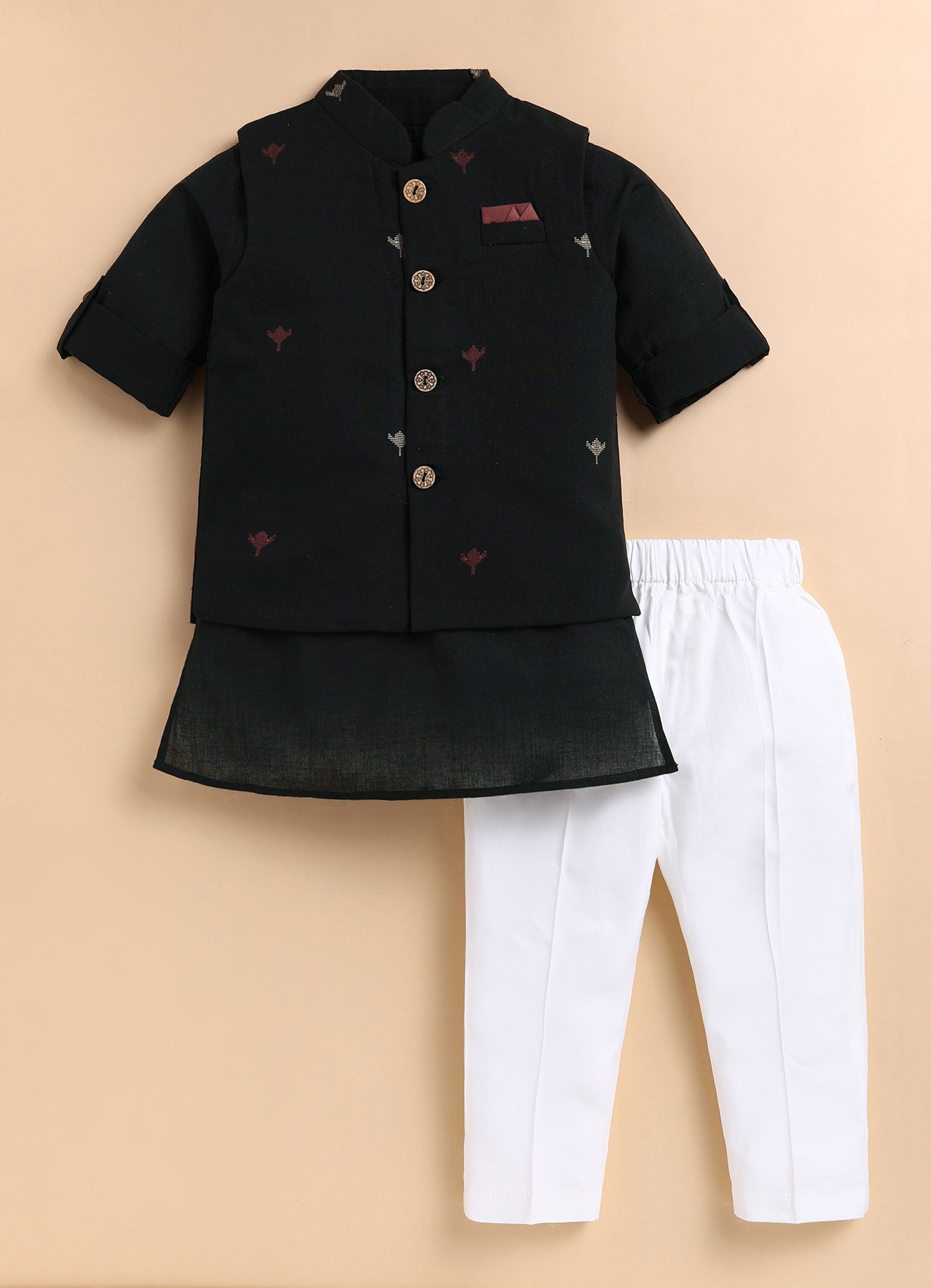 Boys Pure Cotton Woven Butta Fabric Nehru Jacket,Full Sleeve Kurta and Pajama Ethnic Set - Black