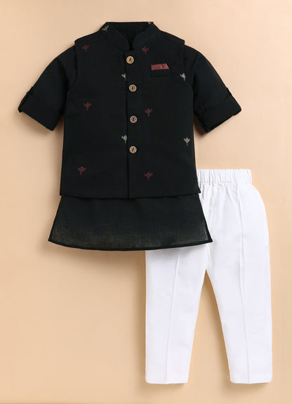 Boys Pure Cotton Woven Butta Fabric Nehru Jacket,Full Sleeve Kurta and Pajama Ethnic Set - Black