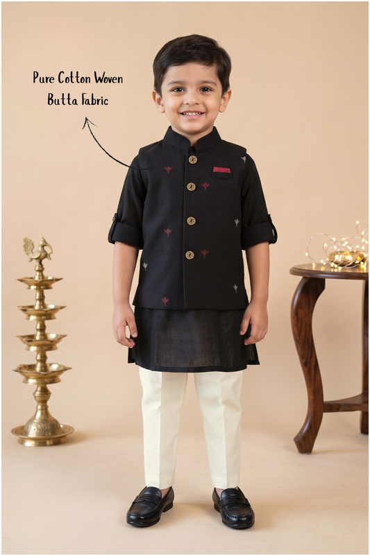 Boys Pure Cotton Woven Butta Fabric Nehru Jacket,Full Sleeve Kurta and Pajama Ethnic Set - Black