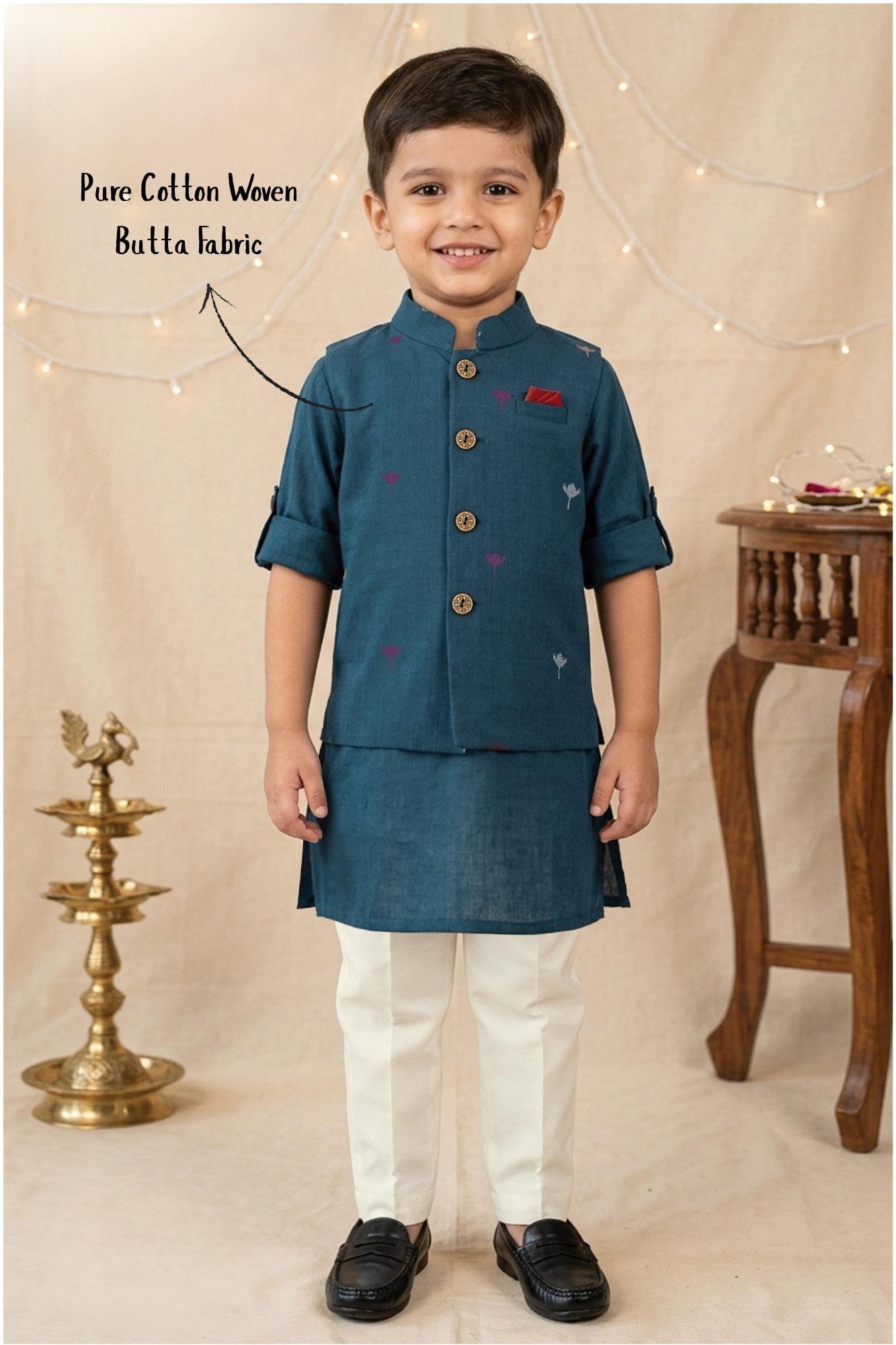 Boys Pure Cotton Woven Butta Fabric Nehru Jacket,Full Sleeve Kurta and Pajama Ethnic Set - Blue