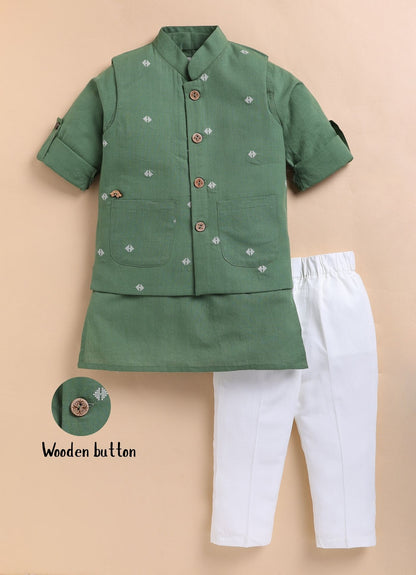 Boys Pure Cotton Nehru Jacket, Kurta, Pajama Ethnic Set - Green
