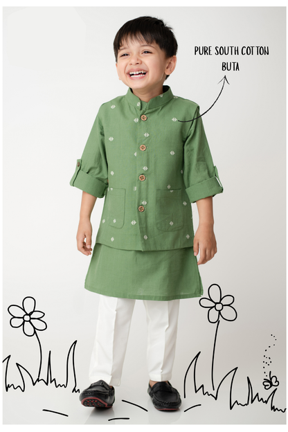 Boys Pure Cotton Nehru Jacket, Kurta, Pajama Ethnic Set - Green