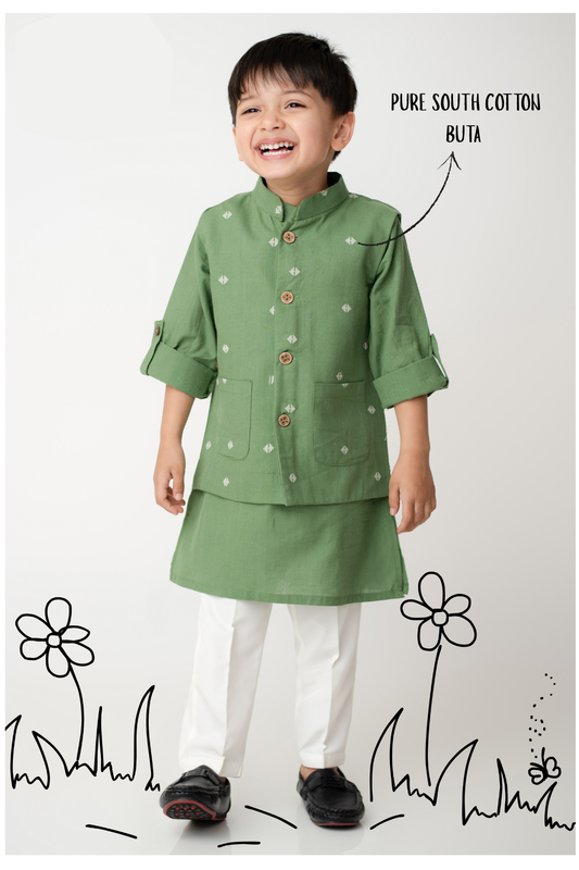Boys Pure Cotton Nehru Jacket, Kurta, Pajama Ethnic Set - Green