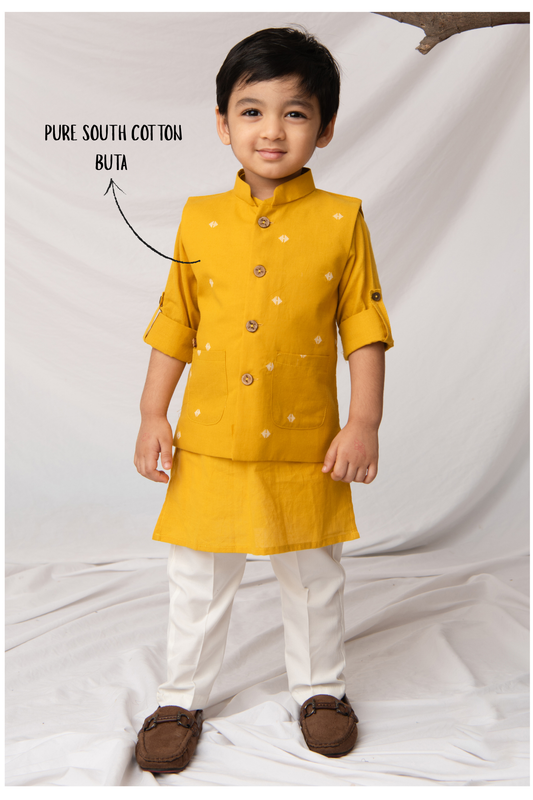 Boys Pure Cotton Nehru Jacket, Kurta, Pajama Ethnic Set - Mustard
