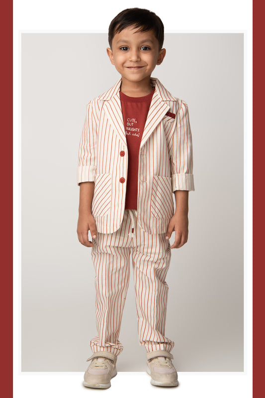 Boys Full Sleeves Cotton Striped Coat Pant Tshirt and Belt- Rust