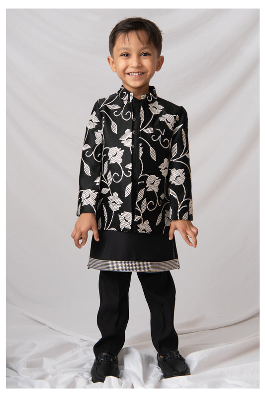 Blended Silk Full Sleeves Embellished Open Jacket, Kurta with Pajama Ethnicwear Set- Black