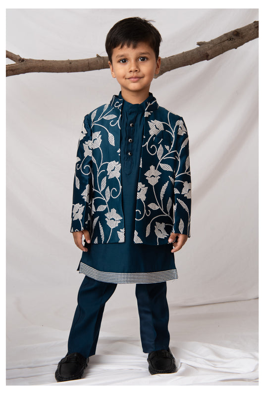 Blended Silk Full Sleeves Embellished Open Jacket, Kurta with Pajama Ethnicwear Set- P.Blue