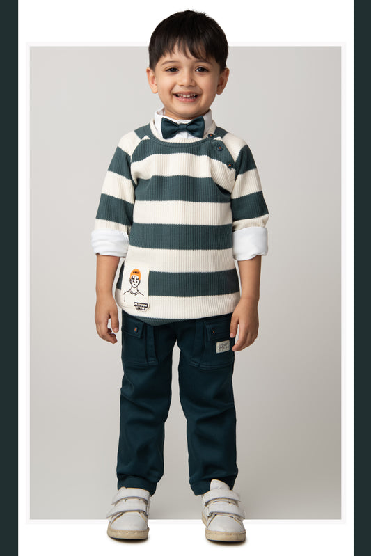 Boys Knitted Striped T-shirt, Shirt, Pant with Bow Casual Set- Green