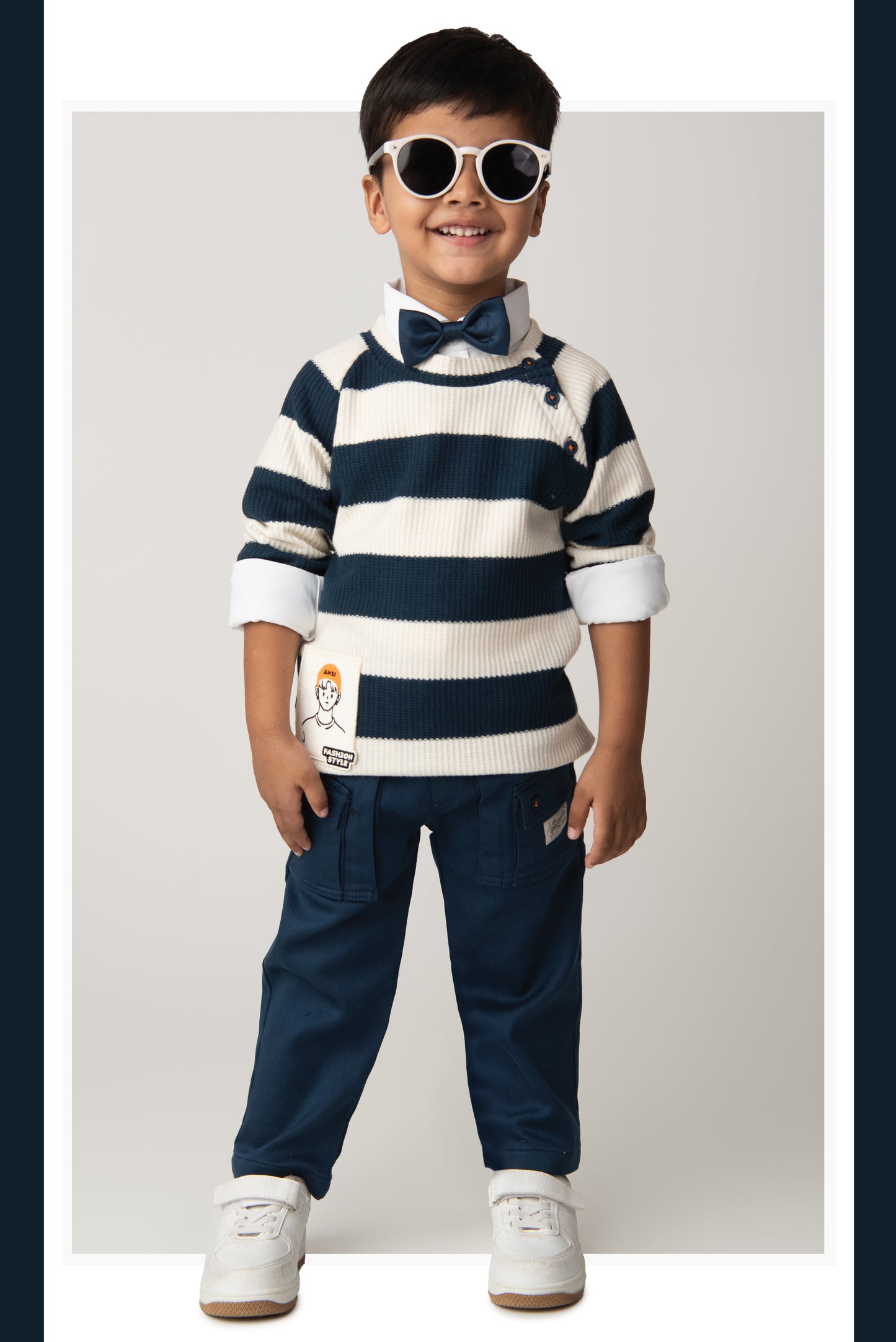 Boys Knitted Striped T-shirt, Shirt, Pant with Bow Casual Set- P.Blue