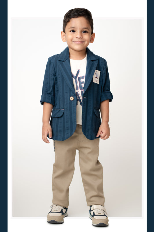 Boys Cotton Casual Blazer T-Shirt & Pant Coat Set - Blue