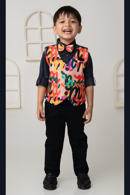 Blended Woven Full Sleeves Abstract Bright Printed Waistcoat Pant with Shirt & Bow Partywear Set- Blue