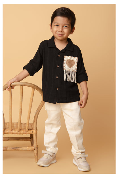 Cotton Shirt with Heart Crochet Patch and Pant Set- Black