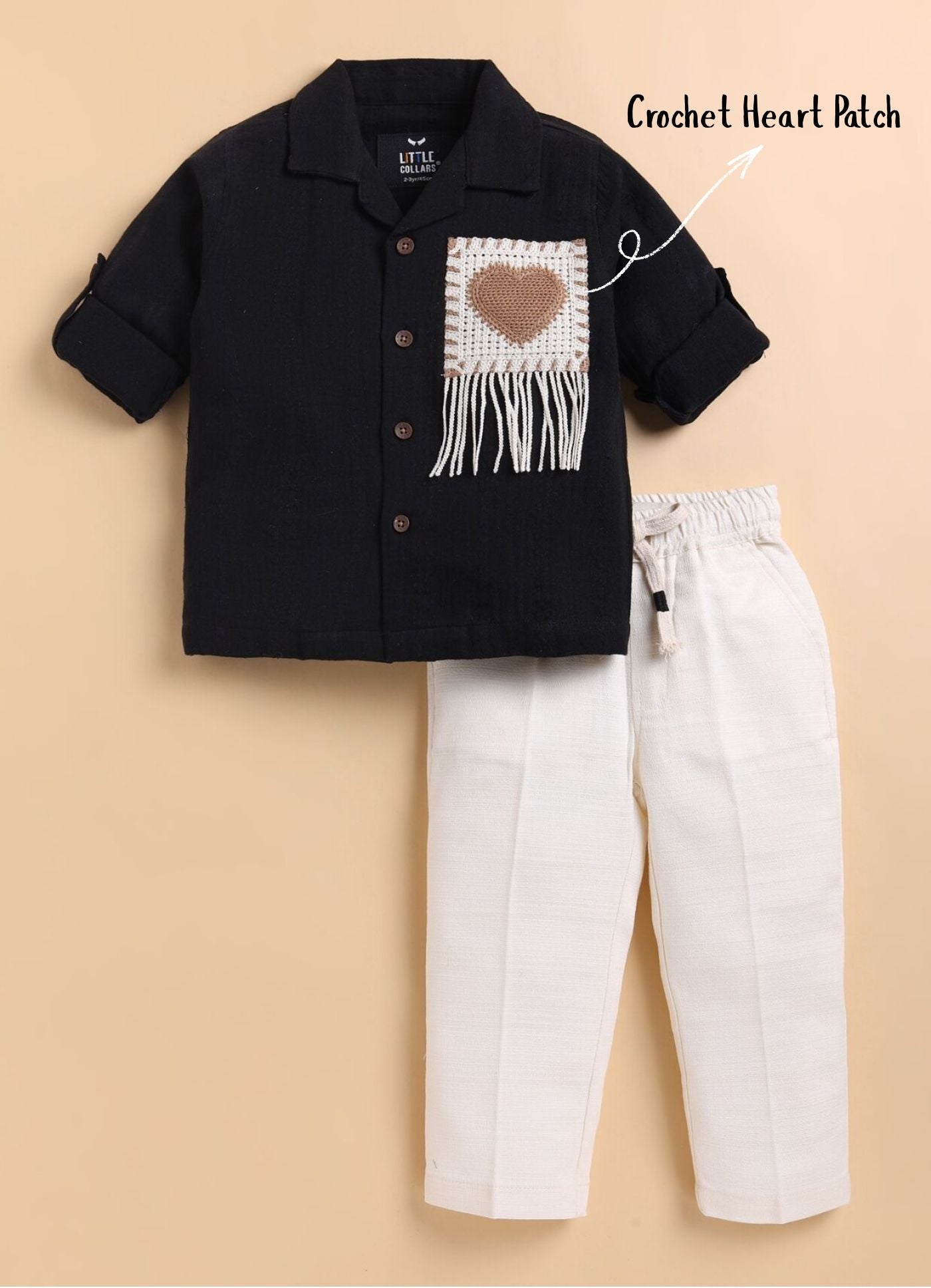 Cotton Shirt with Heart Crochet Patch and Pant Set- Black