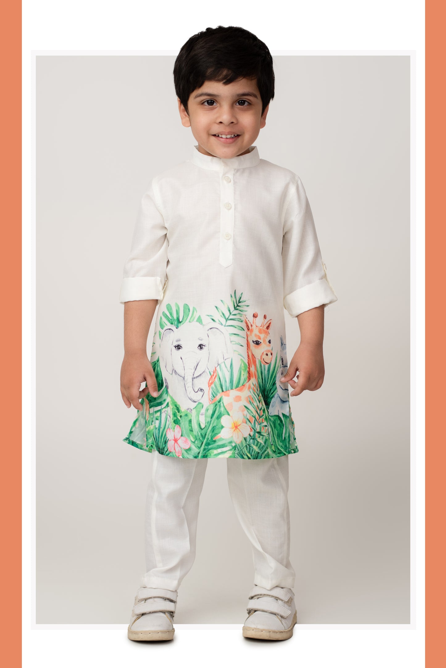 Boys Blended Cotton Animal Jungle Printed Full Sleeve Cute Kurta and Pajama Ethnic Set - Green