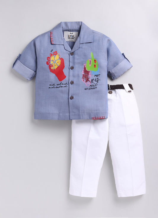 Boys Full Sleeves Cool Abstract Placement Printed Full Sleeve Shirt Pant with Belt Casual Set- Blue