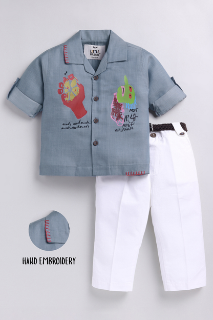 Boys Full Sleeves Cool Abstract Placement Printed Full Sleeve Shirt Pant with Belt Casual Set- Blue