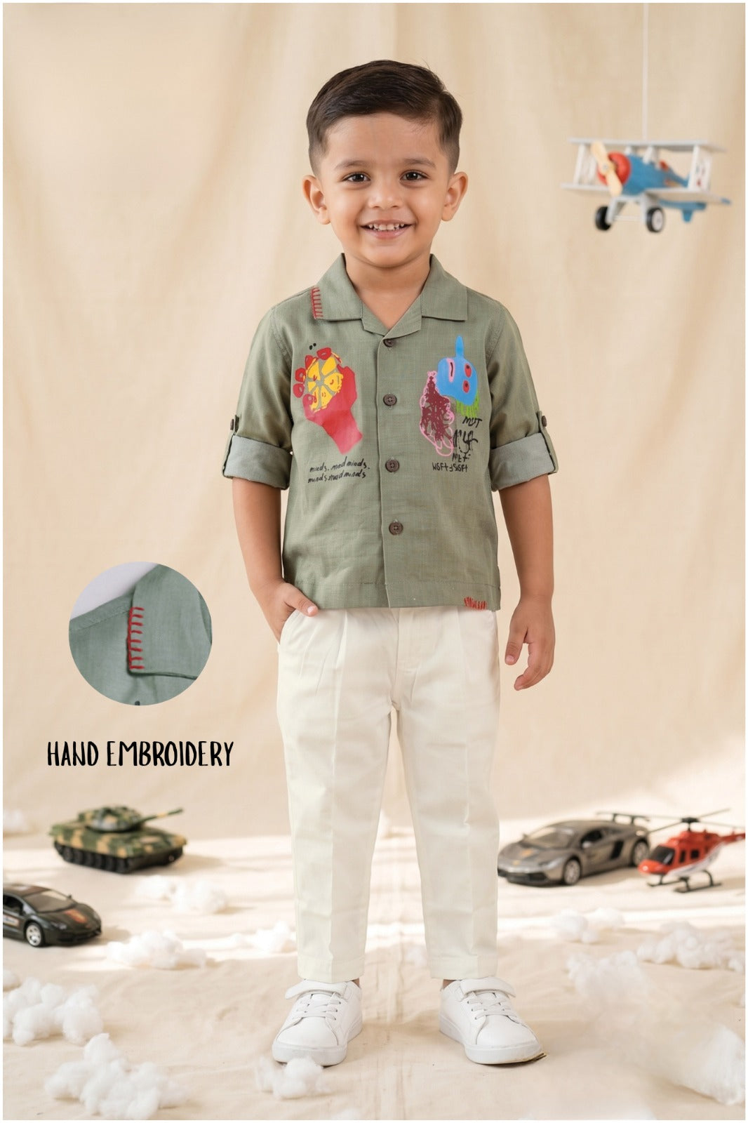 Boys Full Sleeves Cool Abstract Placement Printed Full Sleeve Shirt Pant with Belt Casual Set- Green