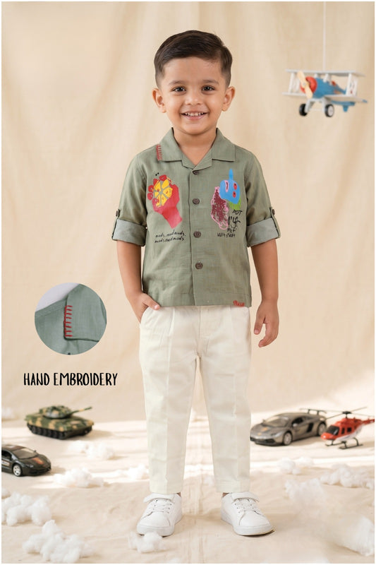 Boys Full Sleeves Cool Abstract Placement Printed Full Sleeve Shirt Pant with Belt Casual Set- Green
