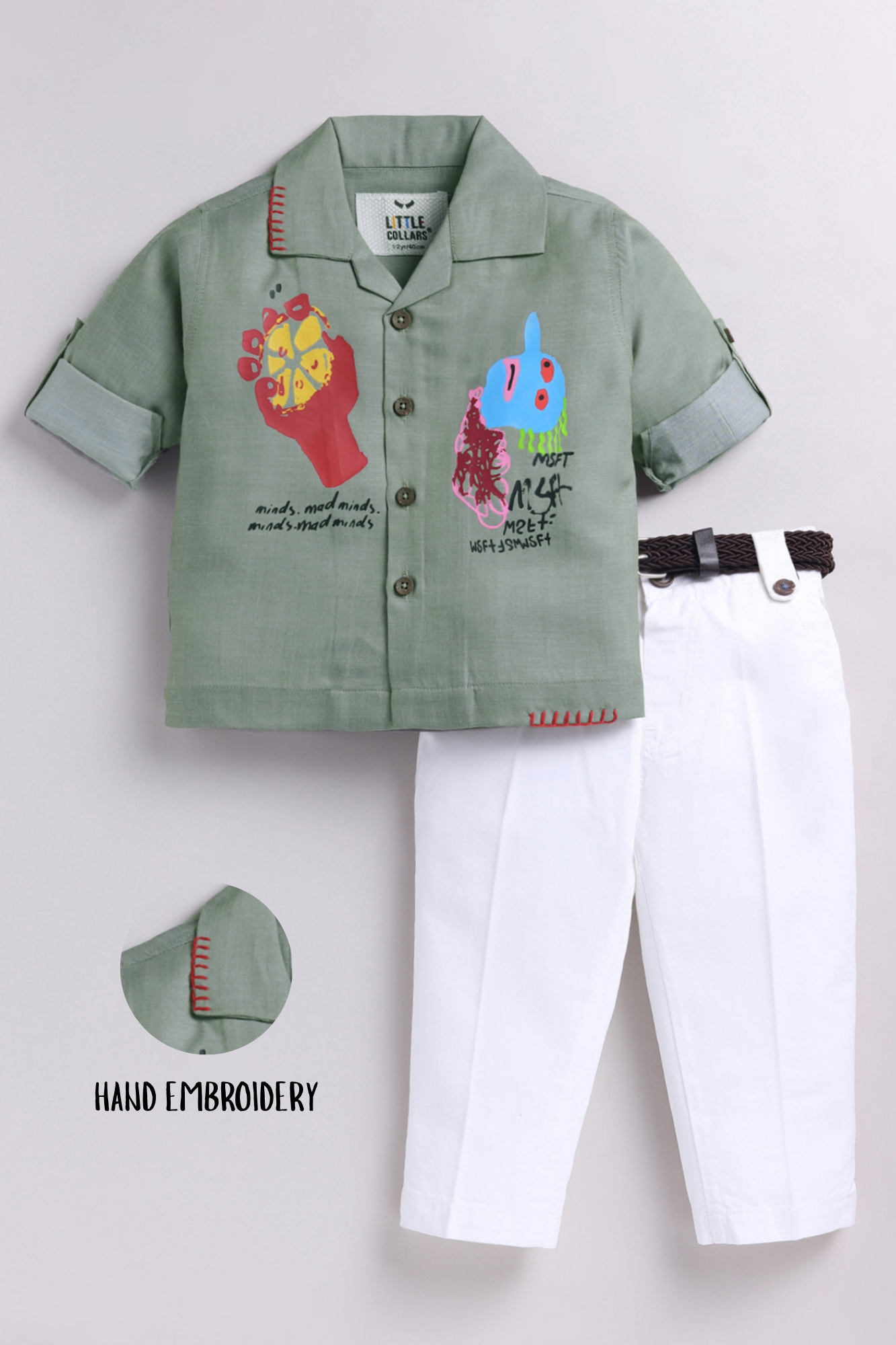 Boys Full Sleeves Cool Abstract Placement Printed Full Sleeve Shirt Pant with Belt Casual Set- Green