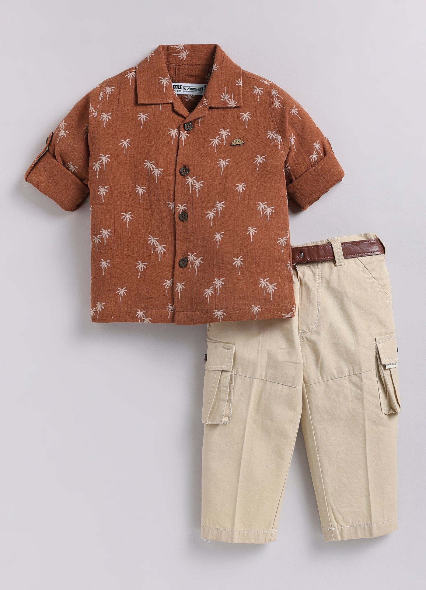 Boys Muslin Cotton Printed Palms & Trouser Set - Rust