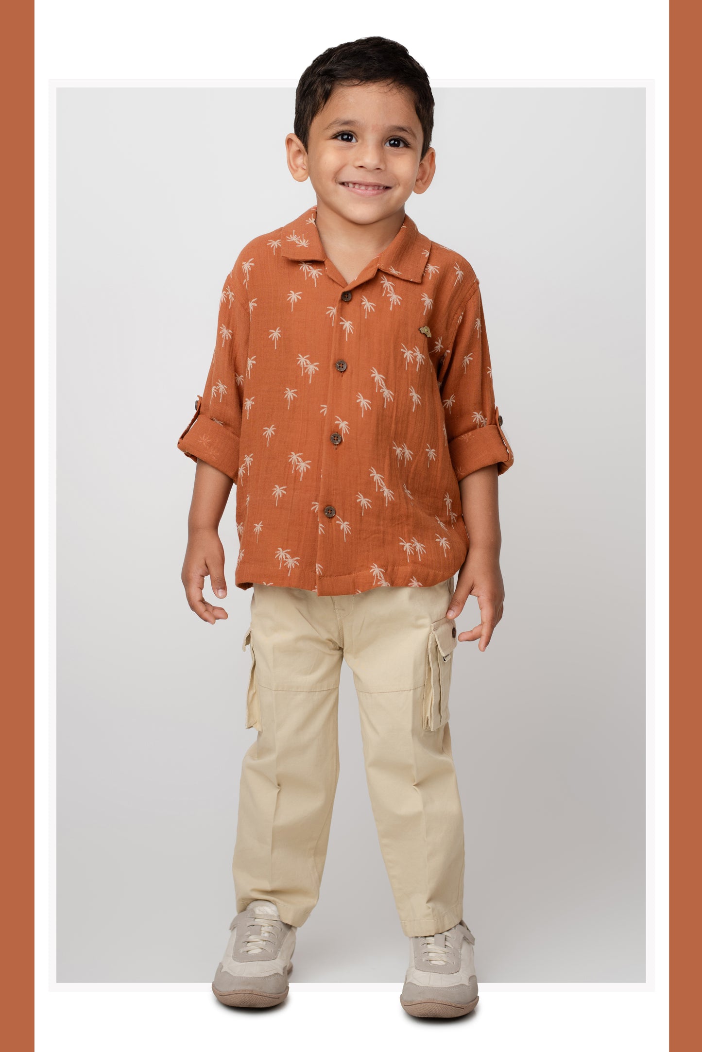 Boys Muslin Cotton Printed Palms & Trouser Set - Rust