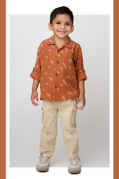 Boys Muslin Cotton Printed Palms & Trouser Set - Rust