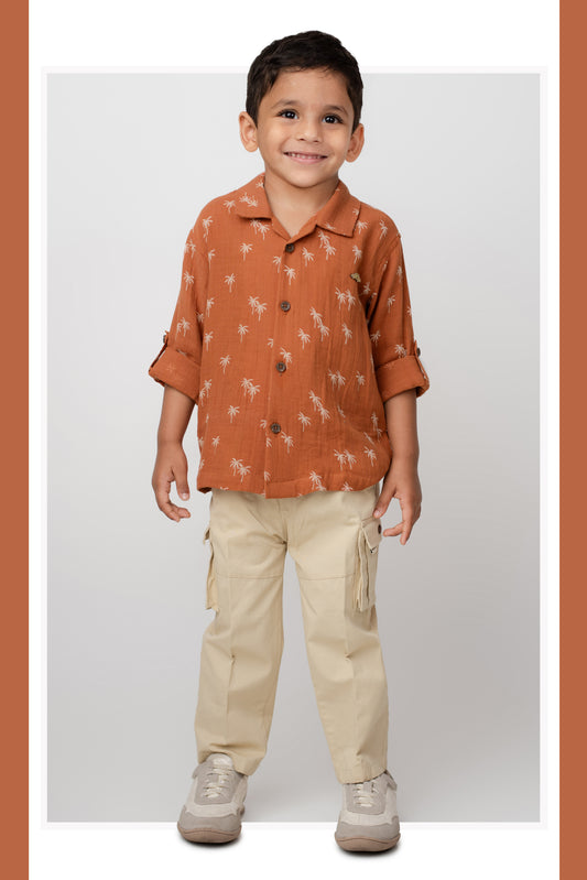 Boys Muslin Cotton Printed Palms & Trouser Set - Rust