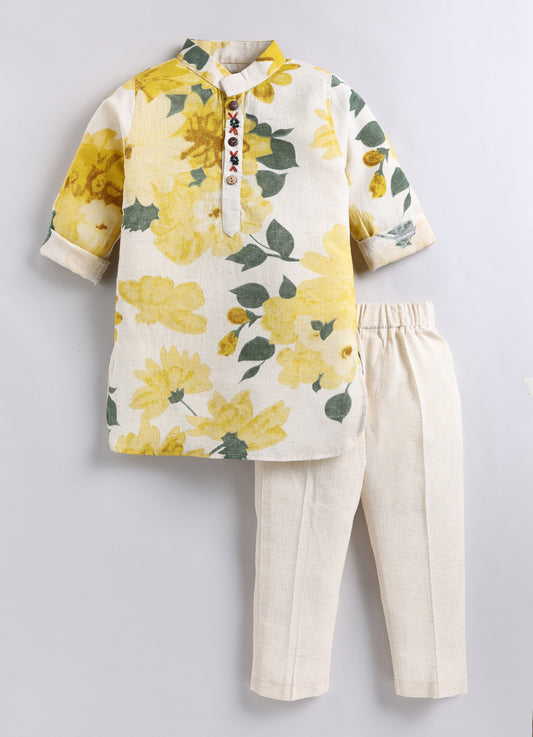 Boys Cotton Flax Jaipuri Floral Printed Full Sleeve Kurta and Pajama Ethnic Set - Yellow