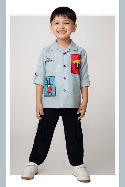 Flax Cotton Woven Cute Patch and Embroidered Full Sleeves Shirt Pant Set- Blue